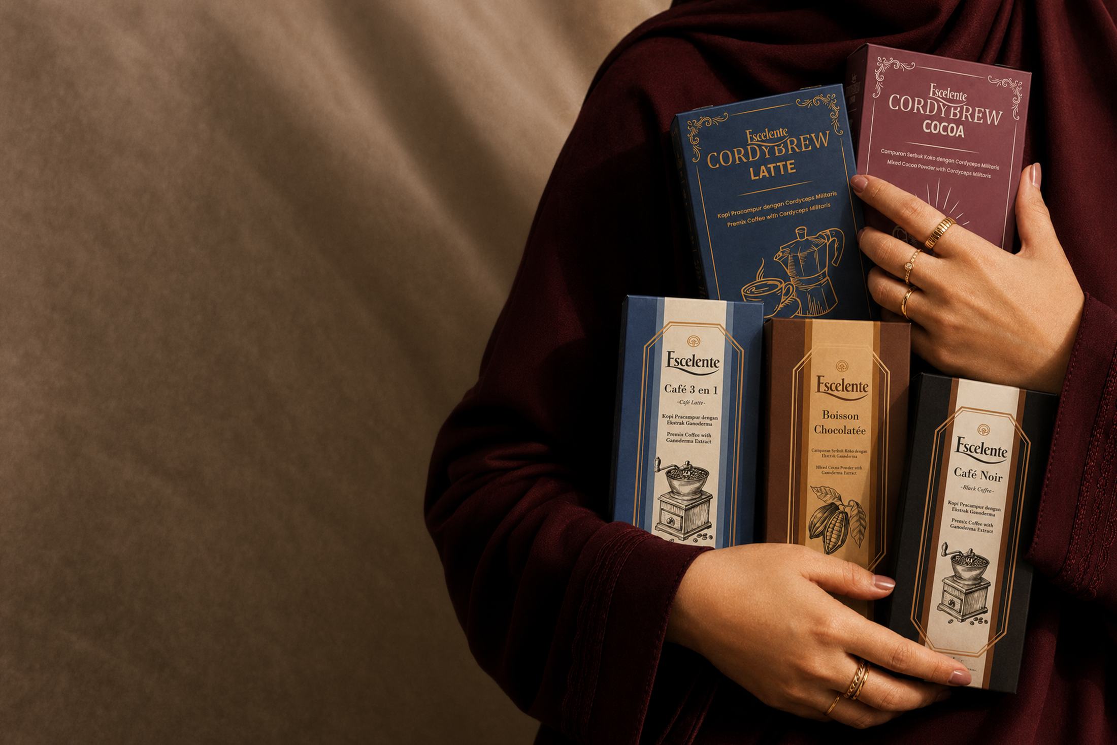 Escelente coffee and CordyBrew products held together for an everyday cup