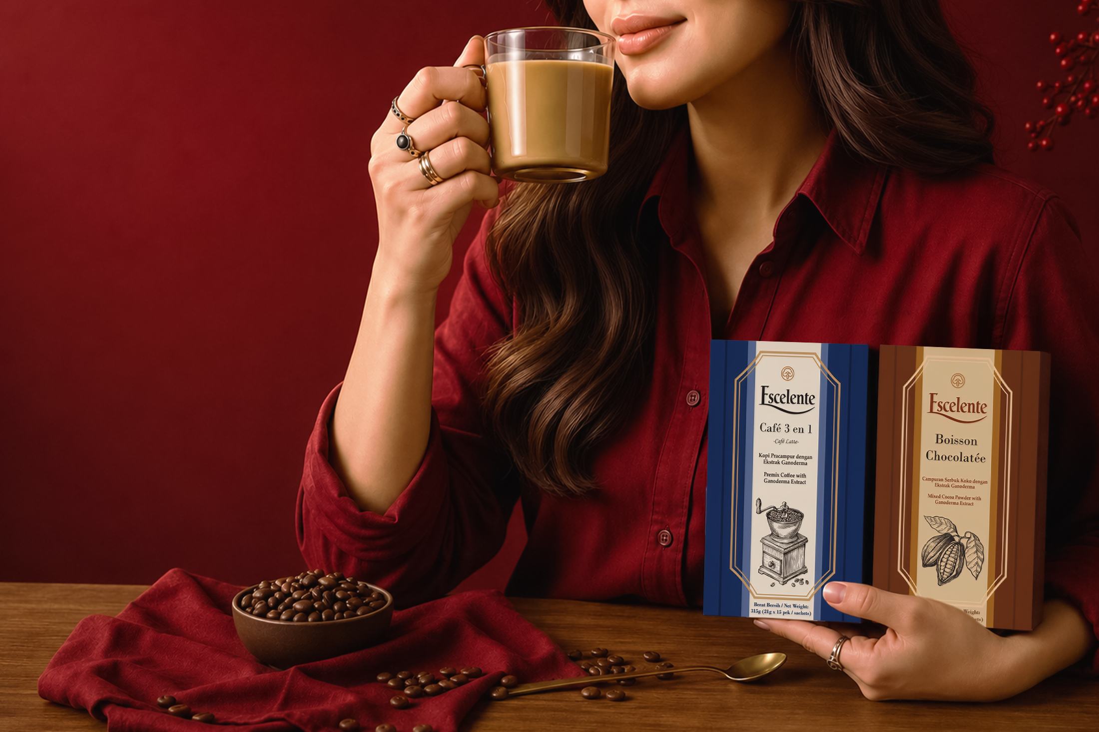 Escelente coffee and cocoa ritual with two product boxes